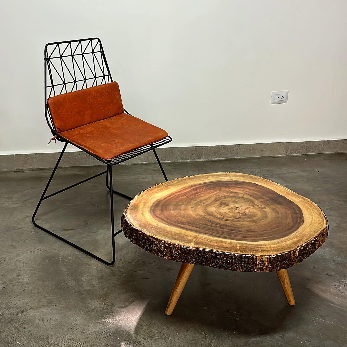 Silla junto a mesa auxiliar de tronco